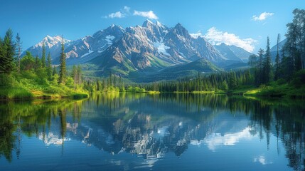 Fototapeta premium Tack-sharp image of a serene lake reflection with perfect symmetry and a stunning mountain backdrop