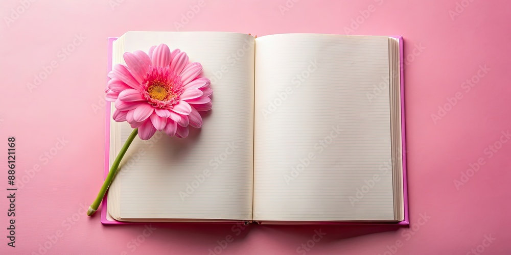 Sticker Blank book page background with pink flowers, blank, book, page, background, pink, flowers, floral, design, romantic, soft