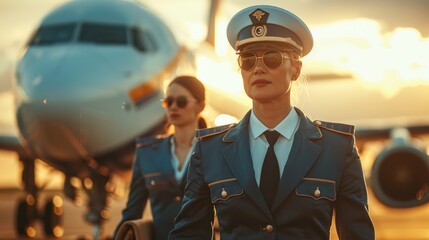 A professional airline captain and flight attendant make their way to the aircraft, ready for their next journey. The captain, dressed in a smart uniform with a hat, walks confidently, while the
