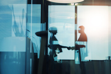 Silhouette, woman and man with handshake in office for meeting, b2b interview or onboarding opportunity. Agreement, deal and business people shaking hands in welcome, introduction or partnership