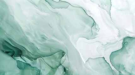 Naklejka premium Tranquil marble ink abstract painting in pastel green and white, fluid patterns, simple and colorful on fine paper texture