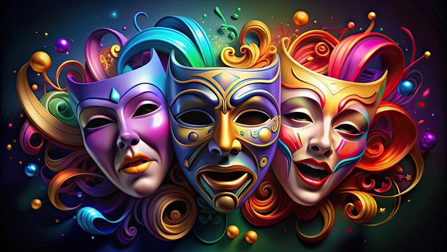 Modern theatrical masks featuring bold colors and abstract designs, theater, performance, drama, art, masks, modern