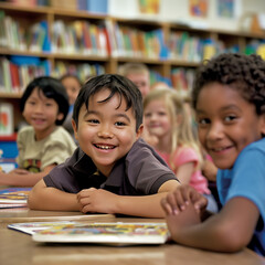 Fototapeta premium Elementary school students in class, back to school, September 1, ai generative 