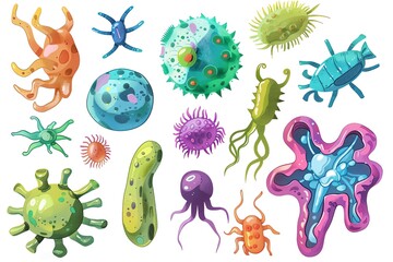 Cartoon illustration of various microscopic organisms, including bacteria, viruses, and protozoa.