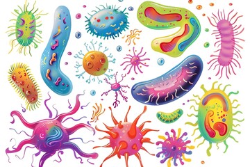 Obraz premium Colorful cartoon illustration of various bacteria and viruses.