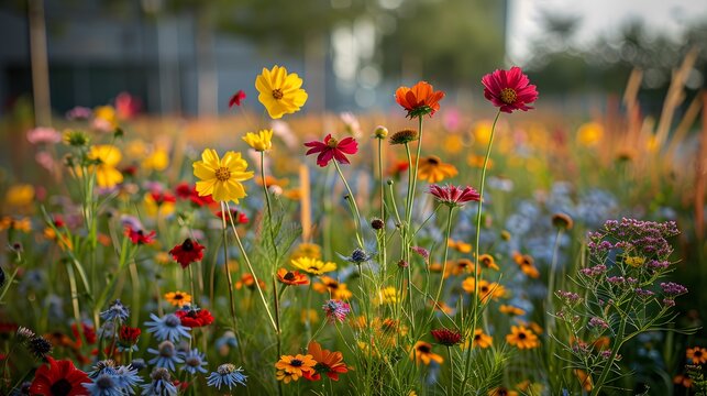 Lush urban green space with an array of vibrant wildflowers, showcasing biodiversity in a bustling city environment