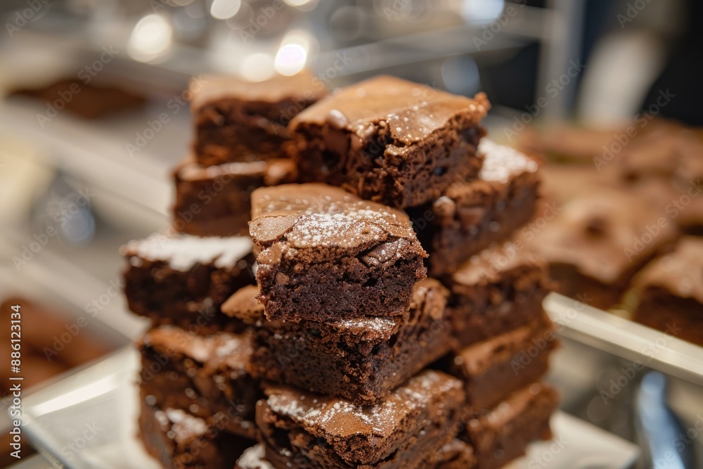 Sticker stack of freshly baked chocolate brownies dusted with powdered sugar sitting on white plate and bein