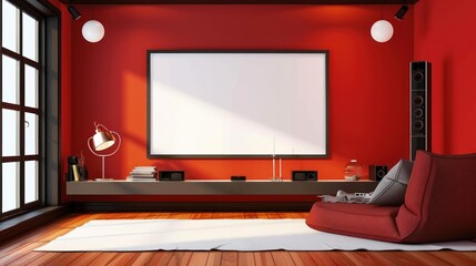 Modern Living Room with Red Walls and a Large Blank Canvas