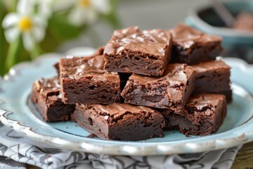 Freshly baked chocolate brownies stacked on a blue plate, showing the gooey and fudgy texture