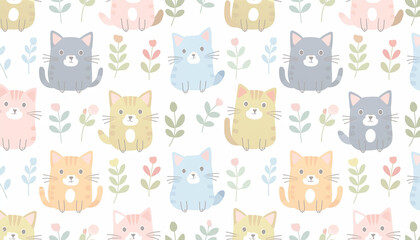  A seamless pattern of cats and leaves on a white background. The cats are depicted in a variety of playful poses, some chasing leaves, others simply lounging among the foliage.