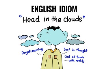 Hand drawn picture with text English idiom.Head in the clouds. Cartoon.Handwritten font. Illustration for education. Concept, English idioms teaching lesson. Educational materials, teaching aid. 