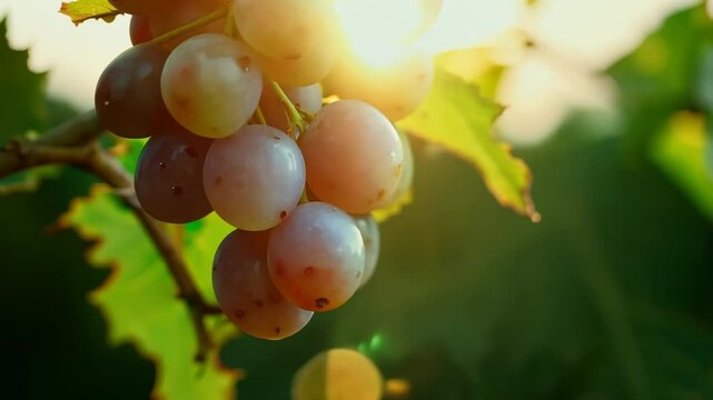 Close-up of ripe grapes on vine with sunlight shining through leaves