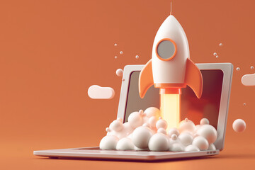 Rocket launches into space, laptop, technology, art