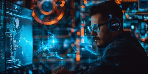 Cybersecurity Expert Analyzing Digital Threat Data and Protective Measures for Secure Business Technology Networking
