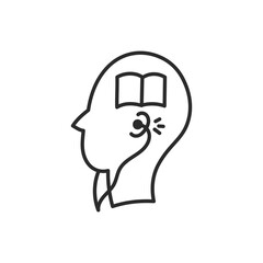 Head with book and headphones Line Icon. Hand drawn Listen to Audiobook symbol in doodle style. Isolated vector illustration.
