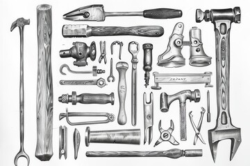 Hand drawn sketch of vintage tools and hardware