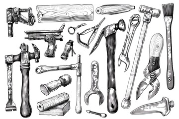 Hand drawn sketch of vintage tools and hardware