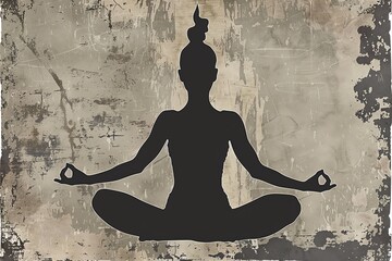 Silhouette of a woman meditating in lotus pose on a grunge background.