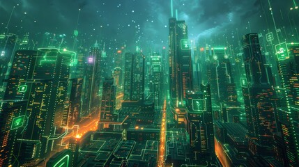 Fototapeta premium Futuristic Smart Cyber City illustration: Innovative Urban Landscape in Digital Circuitry, futuristic technology concept, Graphic Resources, Wallpapers, Brochure, Websites, banner design, Advertising,