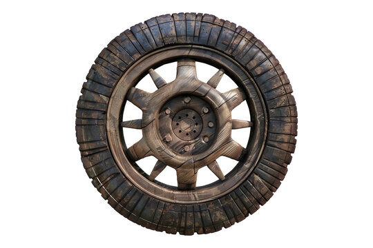 Ancient wooden to modern car tire isolated on transparent background
