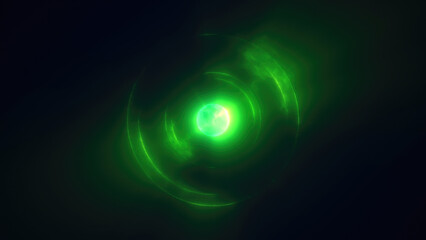 Abstract green bright glowing background with a sphere core atom energy burning ball circle made of waves of energy rays and plasma with light