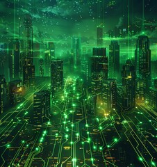 Obraz premium Futuristic Smart Cyber City illustration: Innovative Urban Landscape in Digital Circuitry, futuristic technology concept, Graphic Resources, Wallpapers, Brochure, Websites, banner design, Advertising,