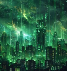 Obraz premium Futuristic Smart Cyber City illustration: Innovative Urban Landscape in Digital Circuitry, futuristic technology concept, Graphic Resources, Wallpapers, Brochure, Websites, banner design, Advertising,