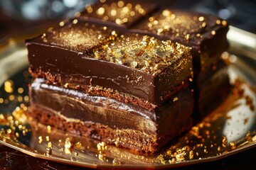 Obraz premium Chocolate cake slices sitting on a golden plate, decorated with gold leaf for a luxurious dessert experience