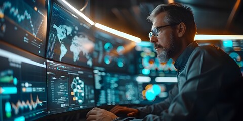 IT Manager Monitoring Network Performance Metrics in Real Time with Analytical and Detailed Technology Networking and Digital Communication Concept