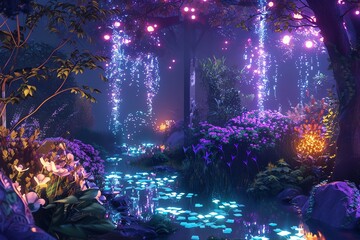 Obraz premium Enchanted forest at night with glowing flowers and a mystical stream.