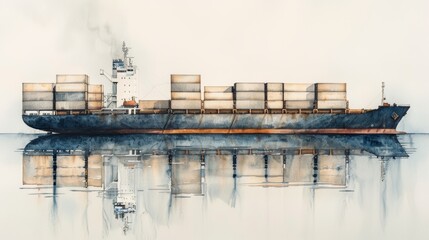 Obraz premium Digital watercolor illustration of a cargo ship loaded with containers, reflecting on calm water in an artistic style.