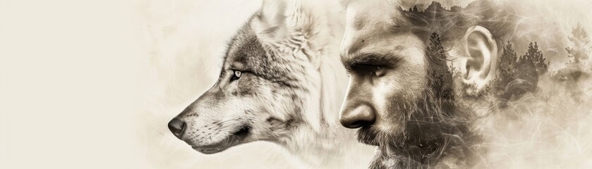 Artistic double exposure of man and wolf in profile, symbolizing connection with nature and wild spirit. Sepia tone illustration.