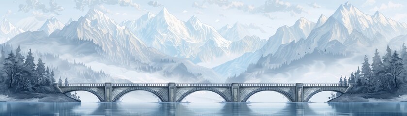 Scenic mountain landscape with a serene lake and arched bridge, captured in a blue and white palette, creating a serene winter wonderland feel.