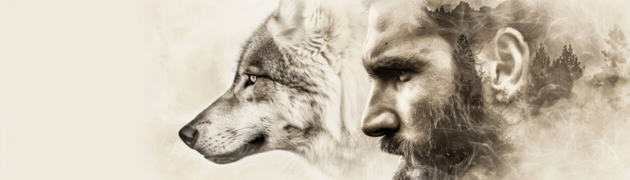 Artistic double exposure of man and wolf in profile, symbolizing connection with nature and wild spirit. Sepia tone illustration.