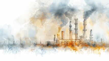 Obraz premium Industrial landscape watercolor painting showing a factory with billowing smoke stacks, emphasizing pollution and environmental impact.