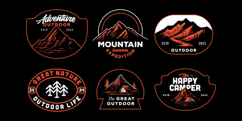 mountain adventure hipster logos. Set of Vintage Outdoor mountains Summer Camp badges or Patches. Set of vector line art outdoor designs. Perfect for apparel prints, posters and other uses.