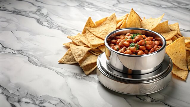 Anafre de frijoles with tortilla chips on a marble counter, Anafre, frijoles, tortilla chips, Mexican, traditional, appetizer, beans