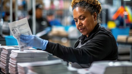Election workers counting paper ballots, focused and meticulous, stacks of ballots on tables, ensuring accuracy and transparency