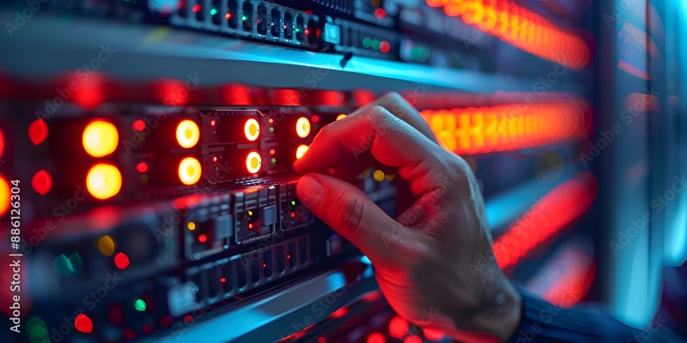 Poster network engineer configuring routers and switches in a server room for digital communication and net