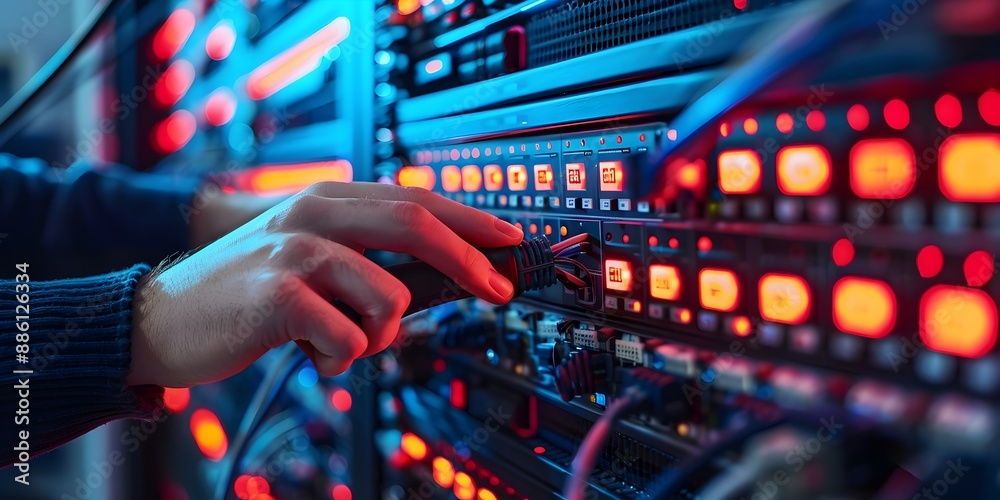Poster configuring network devices in a high tech server room for business communication and data processin