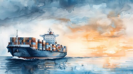 Watercolor painting of a cargo ship at sea during sunset, illustrating maritime transport and global trade in an artistic style.