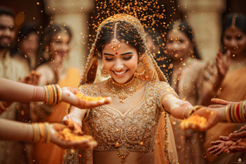 A young joyful bride wearing traditional Indian bridal costumes and jewellery on her wedding