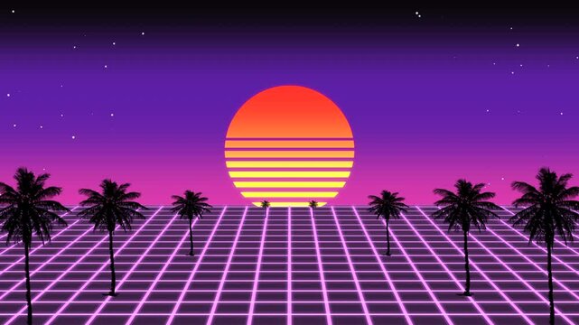 A vibrant and nostalgic 80s-style pixel art scene featuring palm trees against a grid patterned backdrop. The image showcases a sunset with a captivating purple and pink color palette