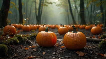 Fototapeta premium Pumpkins in a Misty Forest.