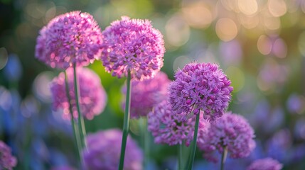 Obraz premium Blooming onion with purple blooms in a spring garden.