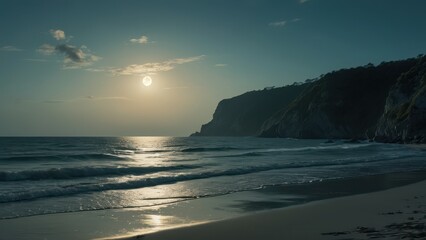Obraz premium Serene Beach Sunset with Cliffside Silhouette.