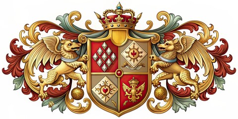 Heraldic coat of arms featuring intricate designs and symbols , medieval, shield, emblem, crest, royal, knight, vintage, heraldry