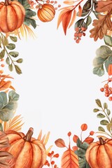 Fall photo frame, adorned with vibrant autumn foliage and small pumpkins, festive decor, watercolor style