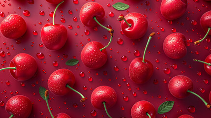 Red background with half-cut cherries, promoting a juicy summer diet. Detailed, seamless, and great for digital and print.

