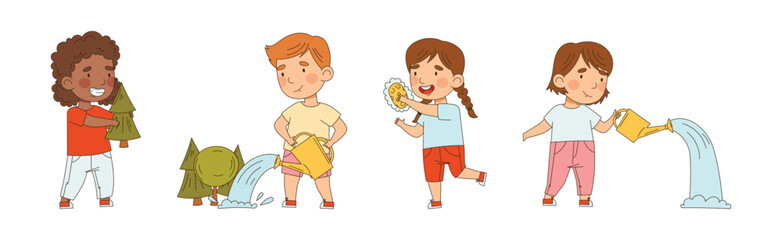 Kid Characters Saving Nature and Planet Vector Set